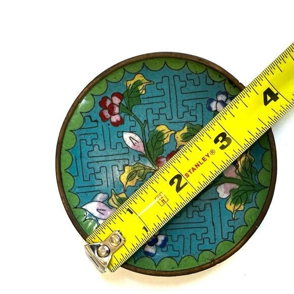 Chinese Cloisonne Enamel Brass Floral small Tray Turquoise Blue - Picture 3 of 5